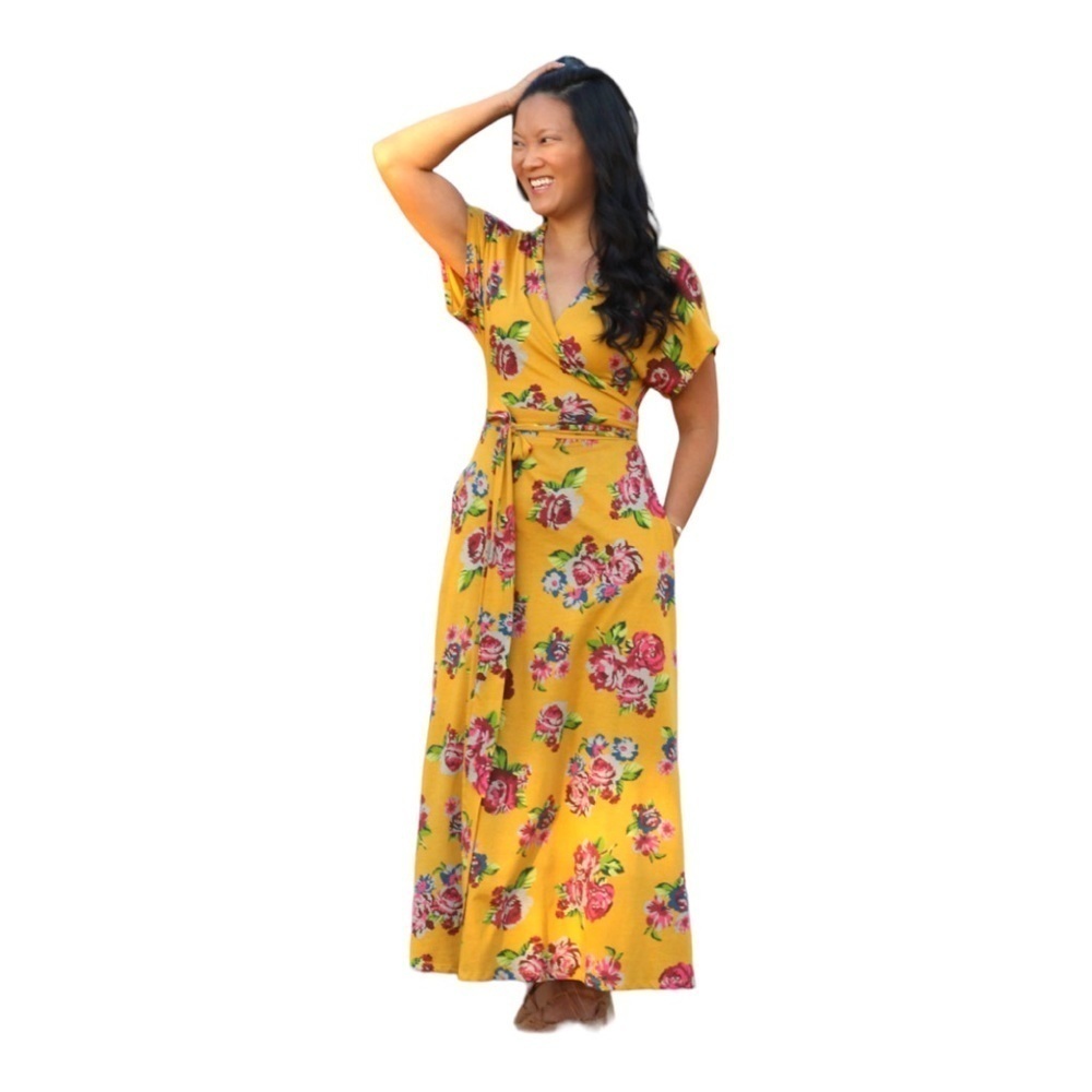Matilda Jane Alana Dress Medium Golden Yellow Floral Waist Tie Midi/Maxi Cotton